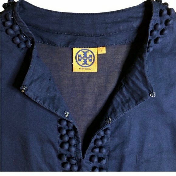 TORY BURCH Navy Embellished Split Crew Neck Top Sz 6 - Picture 4 of 6